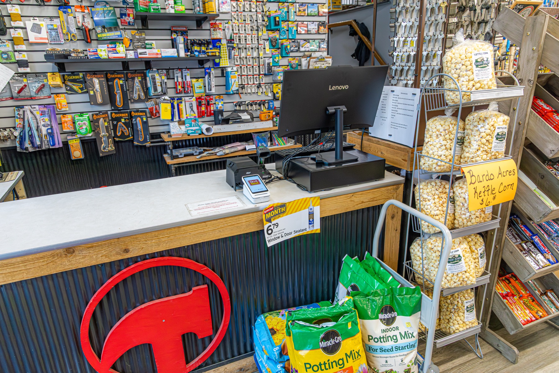 The front counter with potting mix on the floor