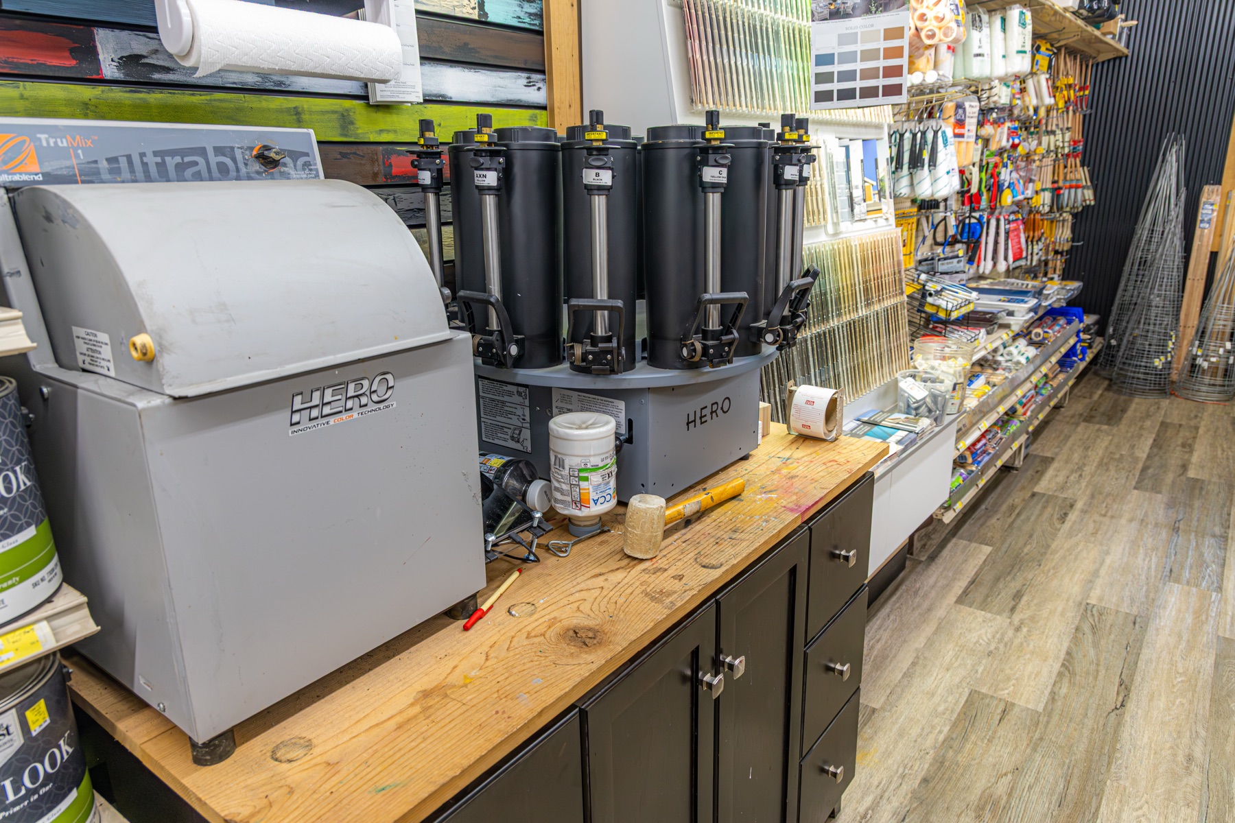 Paint mixing station behind the counter